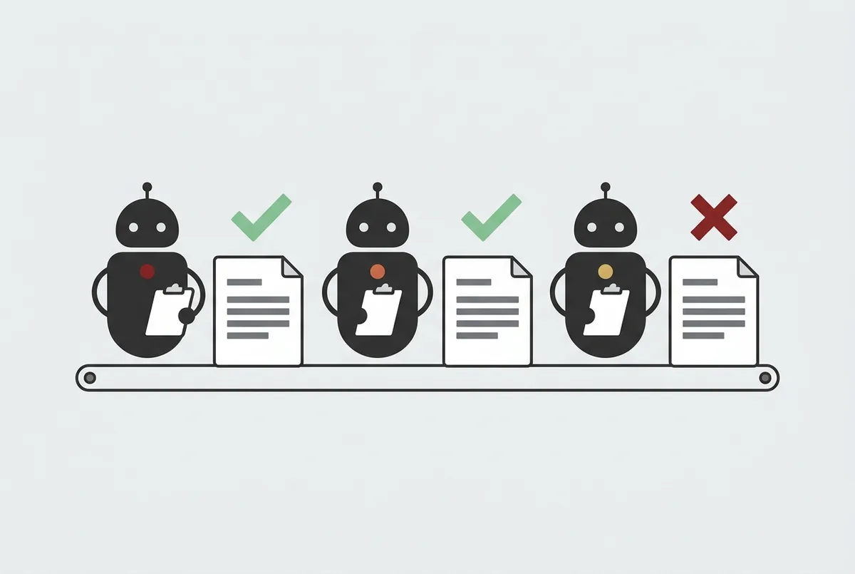 Flat illustration of three robot auditors checking documents, two passing and one failing