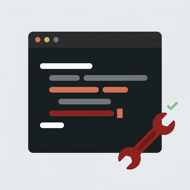 Flat illustration of a code editor with a spanner and a passing check, representing agentic coding