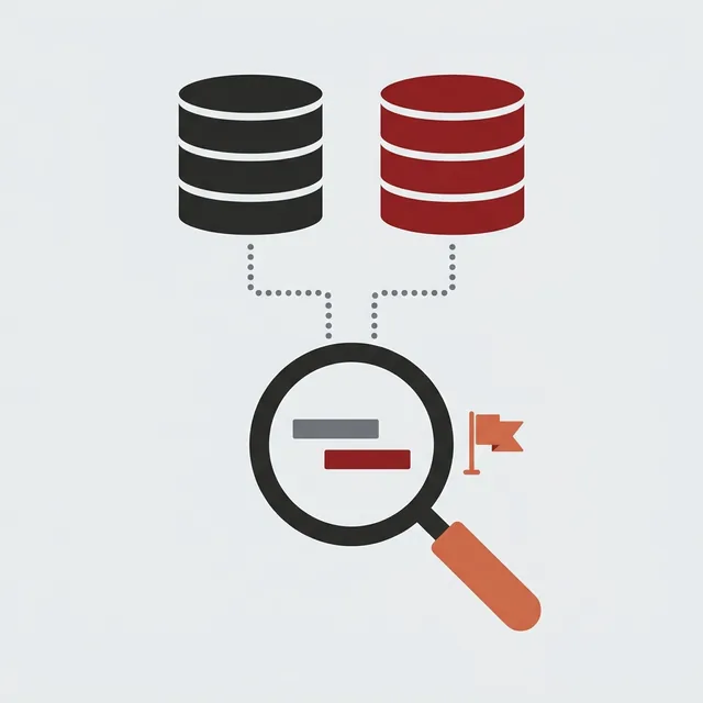 Flat illustration of two databases cross-checked under a magnifying glass with a flag raised, representing data detective work