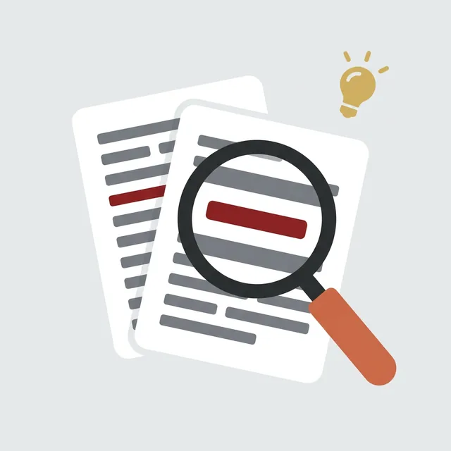 Flat illustration of documents under a magnifying glass with a lightbulb, representing research