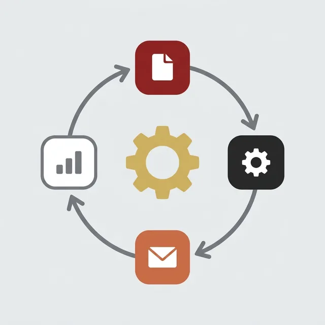 Flat illustration of documents, gears, email and charts connected in a repeating cycle, representing workflow automation